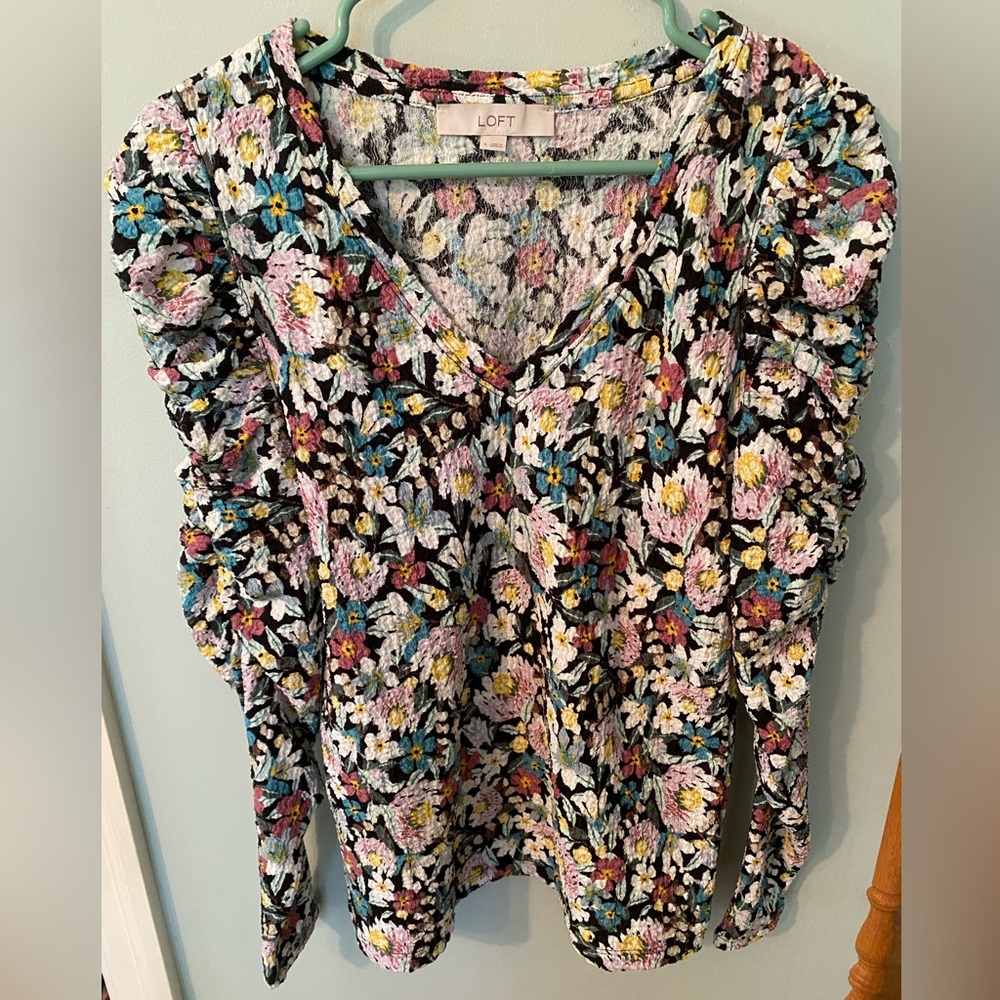 LOFT Black and Pink Ruffled Floral Blouse
